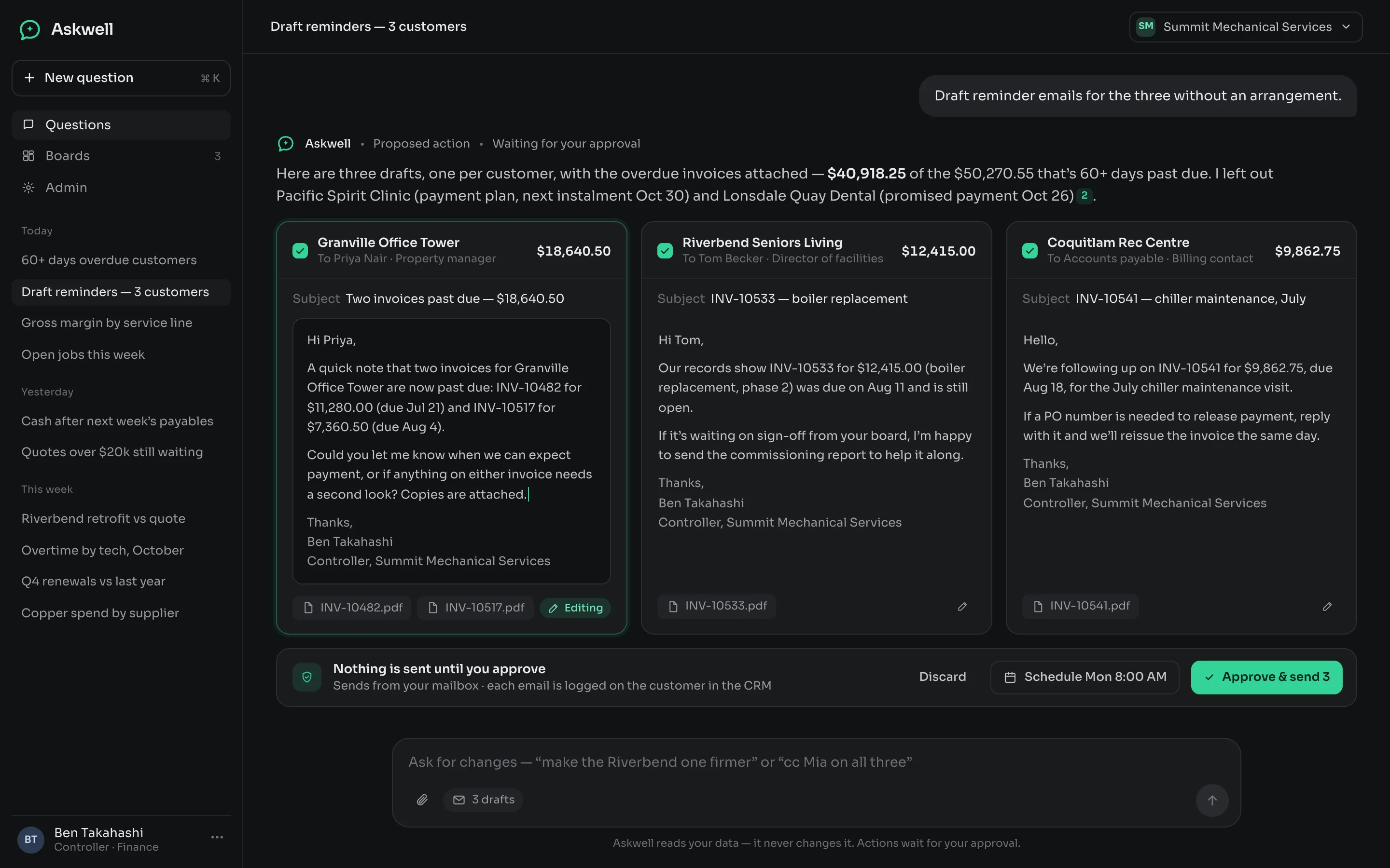A proposed action — three editable reminder drafts that wait for approval
