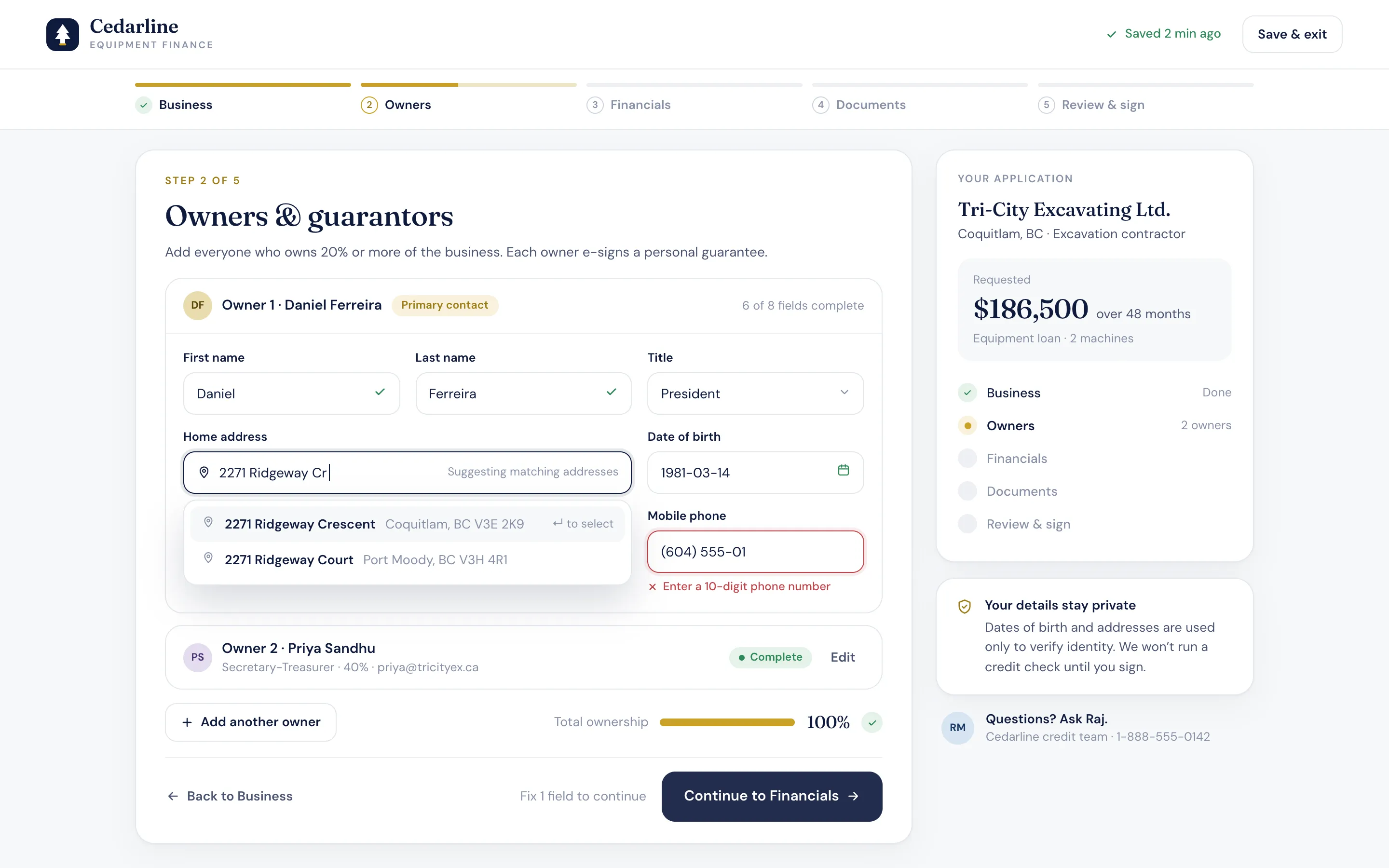 Owners & guarantors — address lookup, inline validation and a running summary