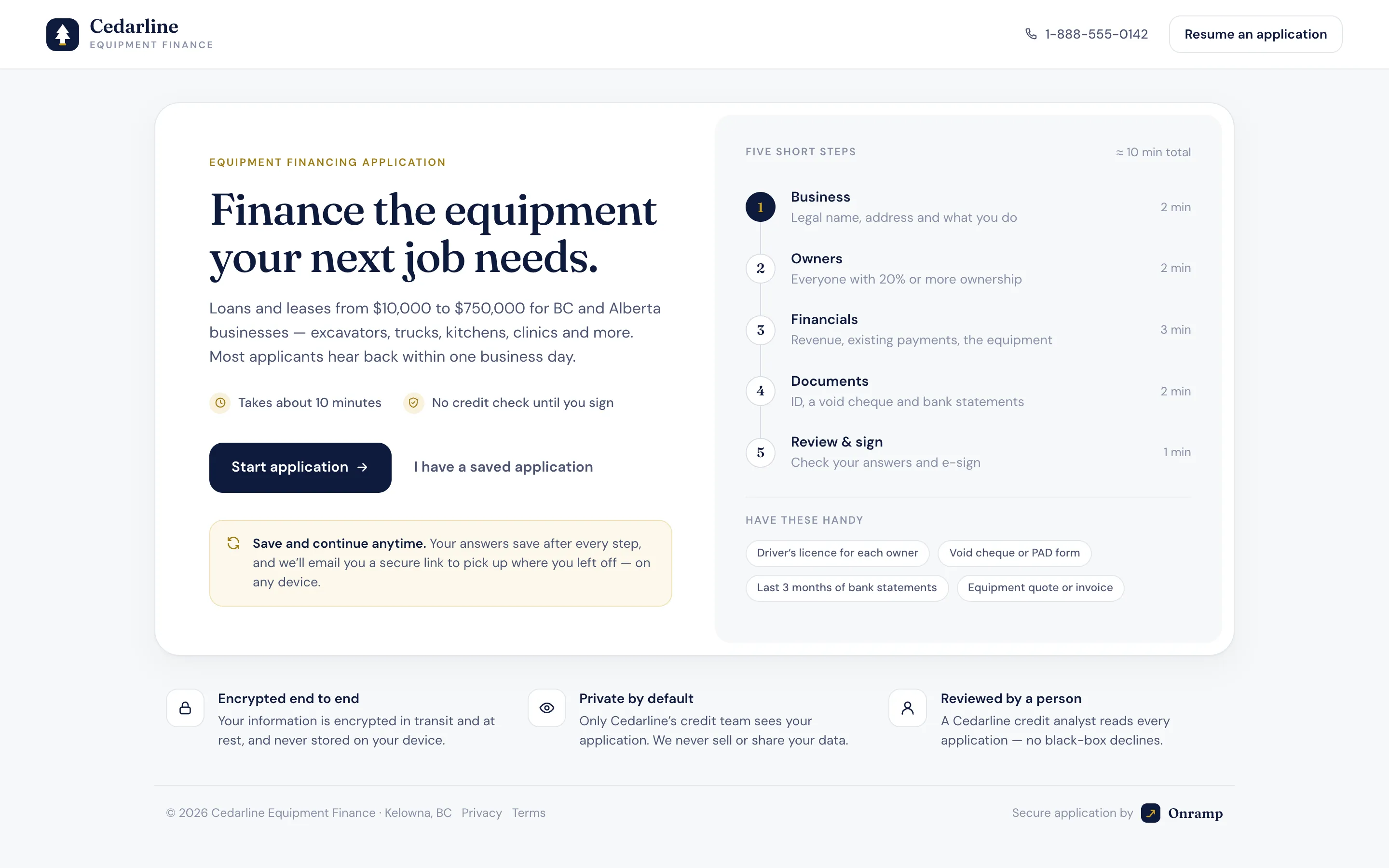 Application landing — five short steps, about ten minutes, save and continue anytime