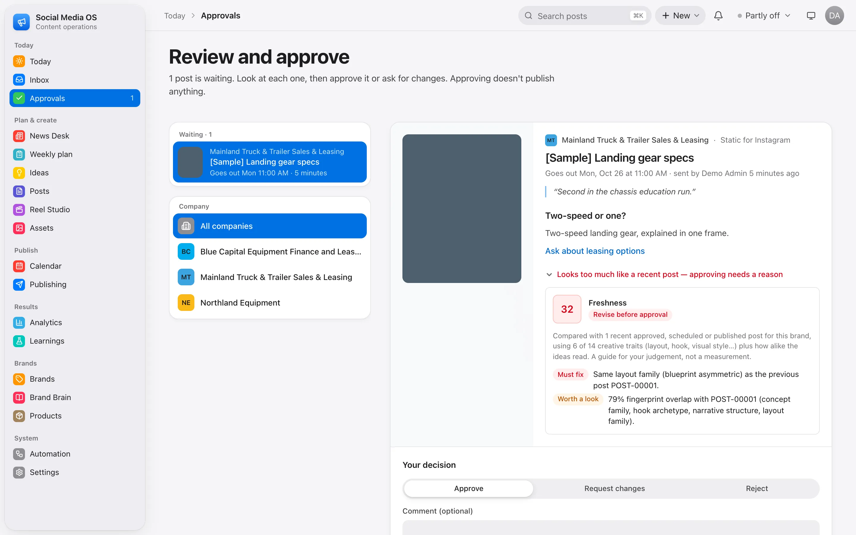 Review queue — a freshness score and repetition findings that need a reason before approval