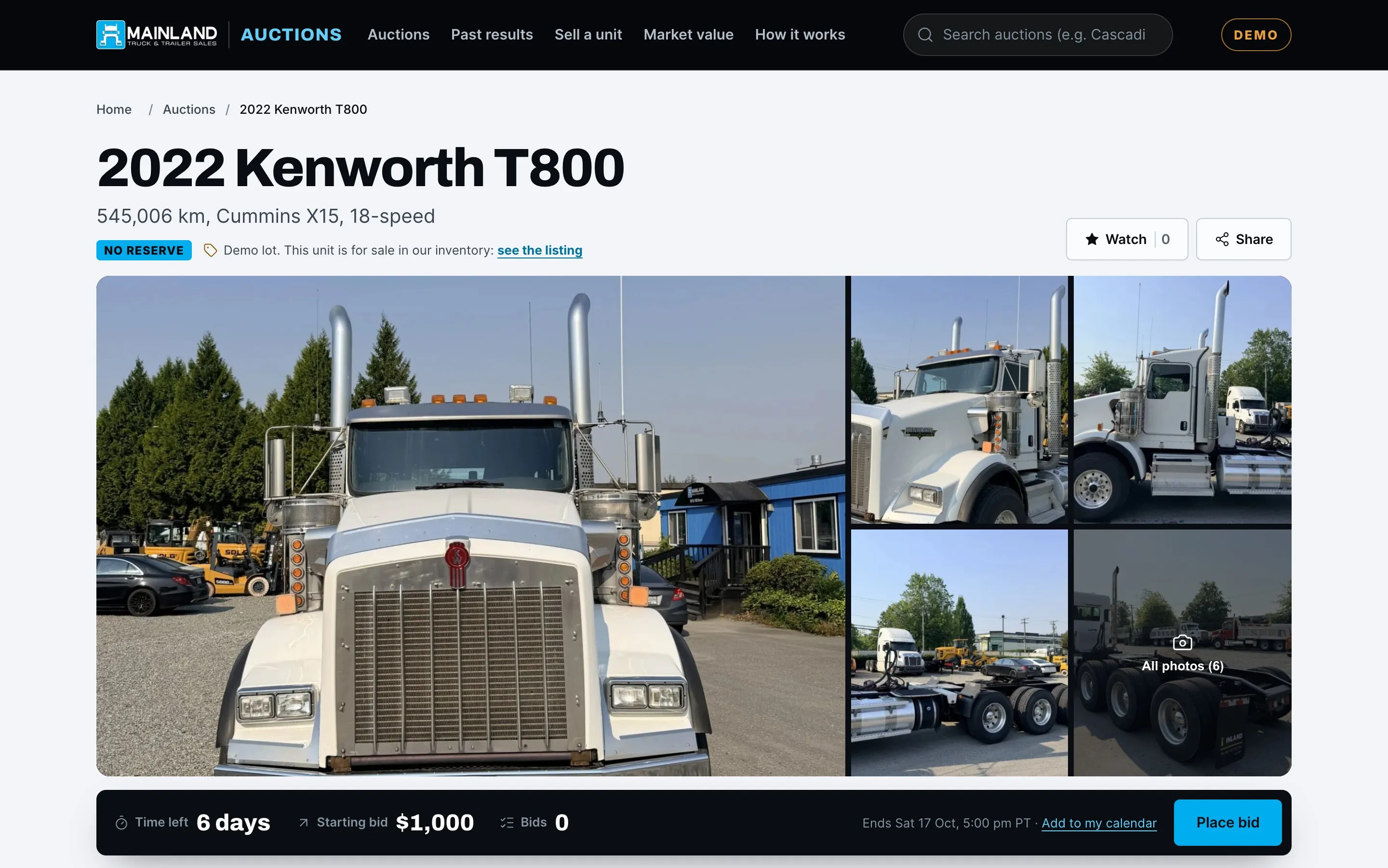 Mainland Truck & Trailer Sales & Leasing — Auction lot page with photo gallery and bidding
