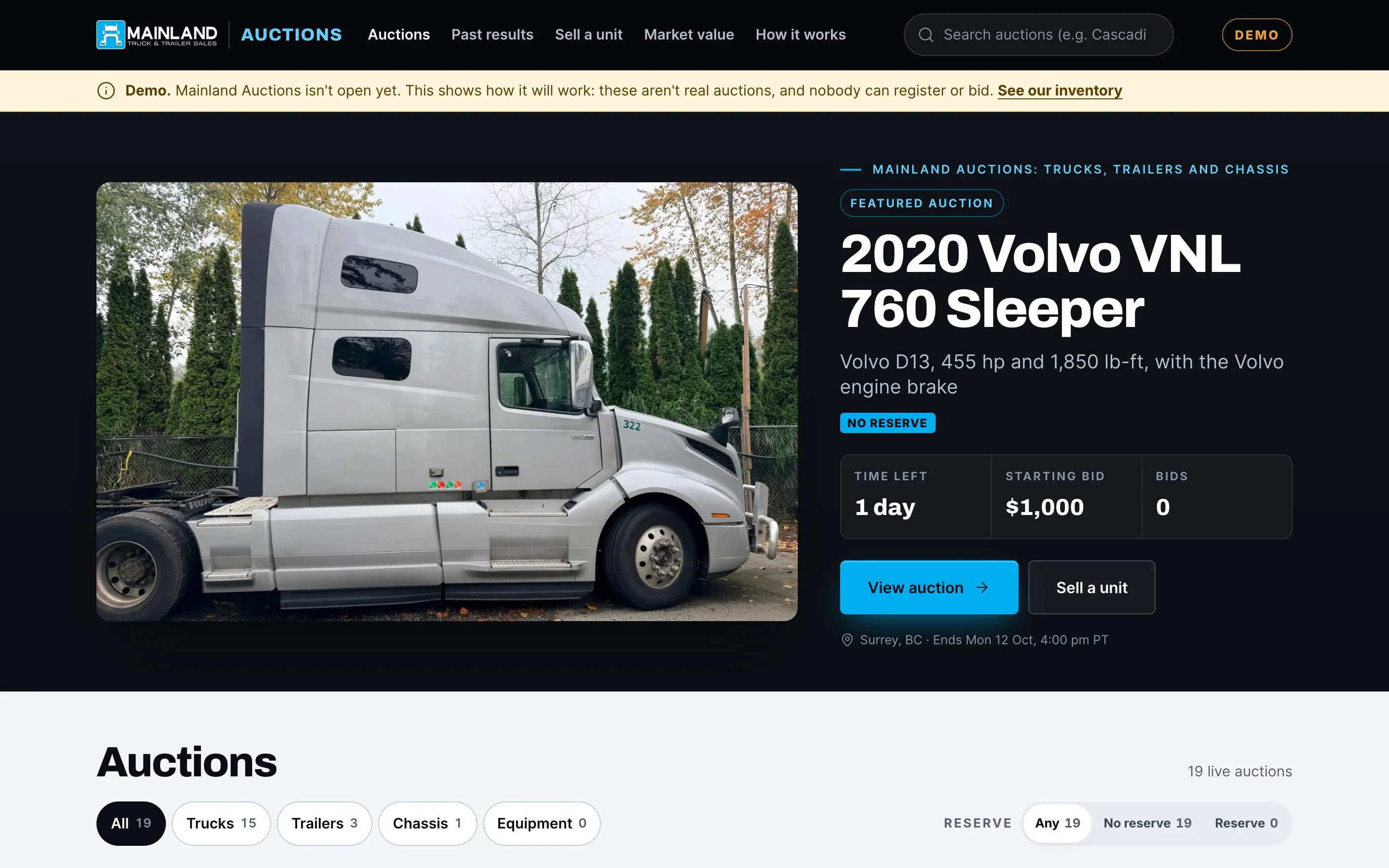Mainland Truck & Trailer Sales & Leasing — Auction portal — live lots, search, filters and sort