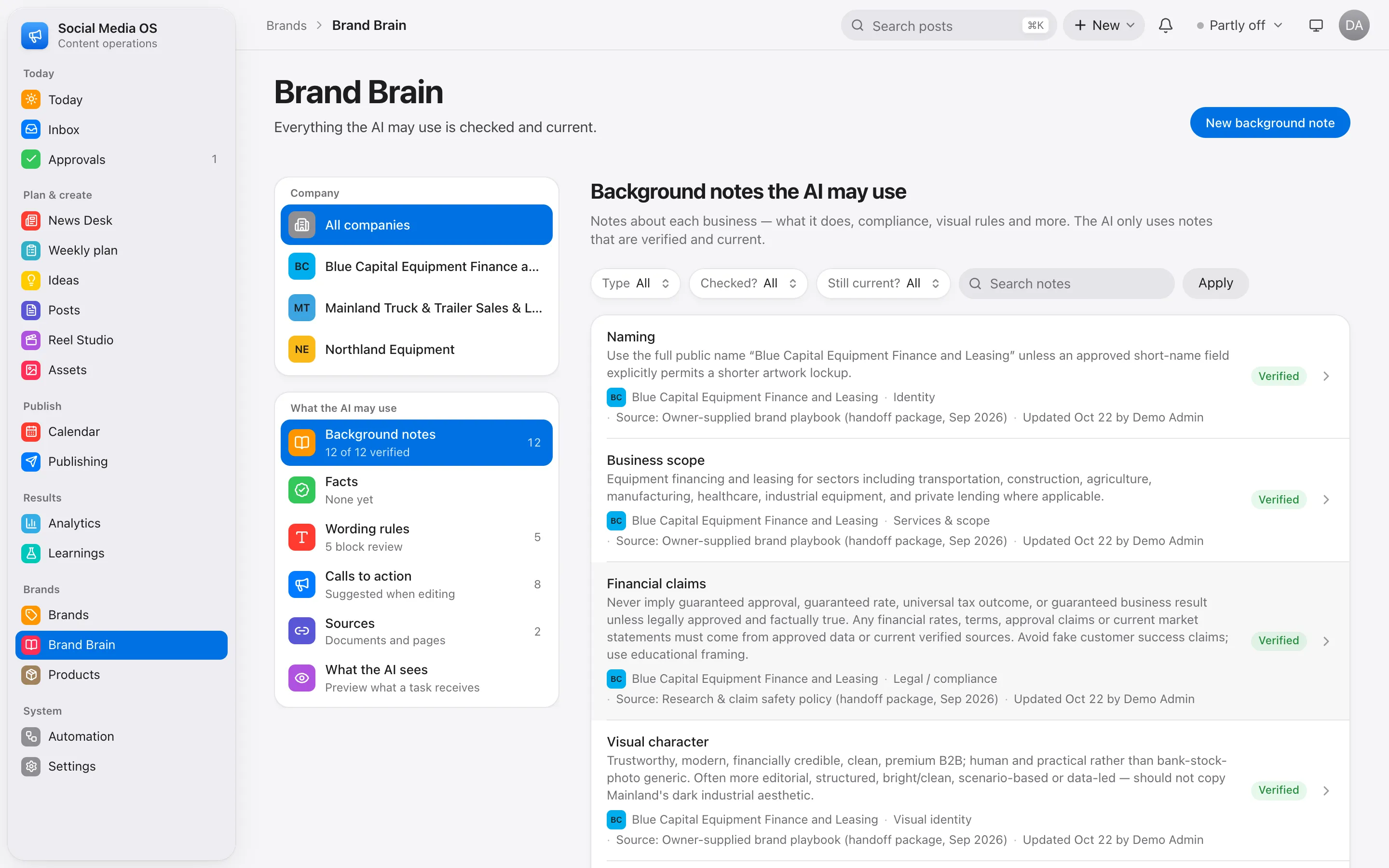 Brand brain — verified notes the AI is allowed to use