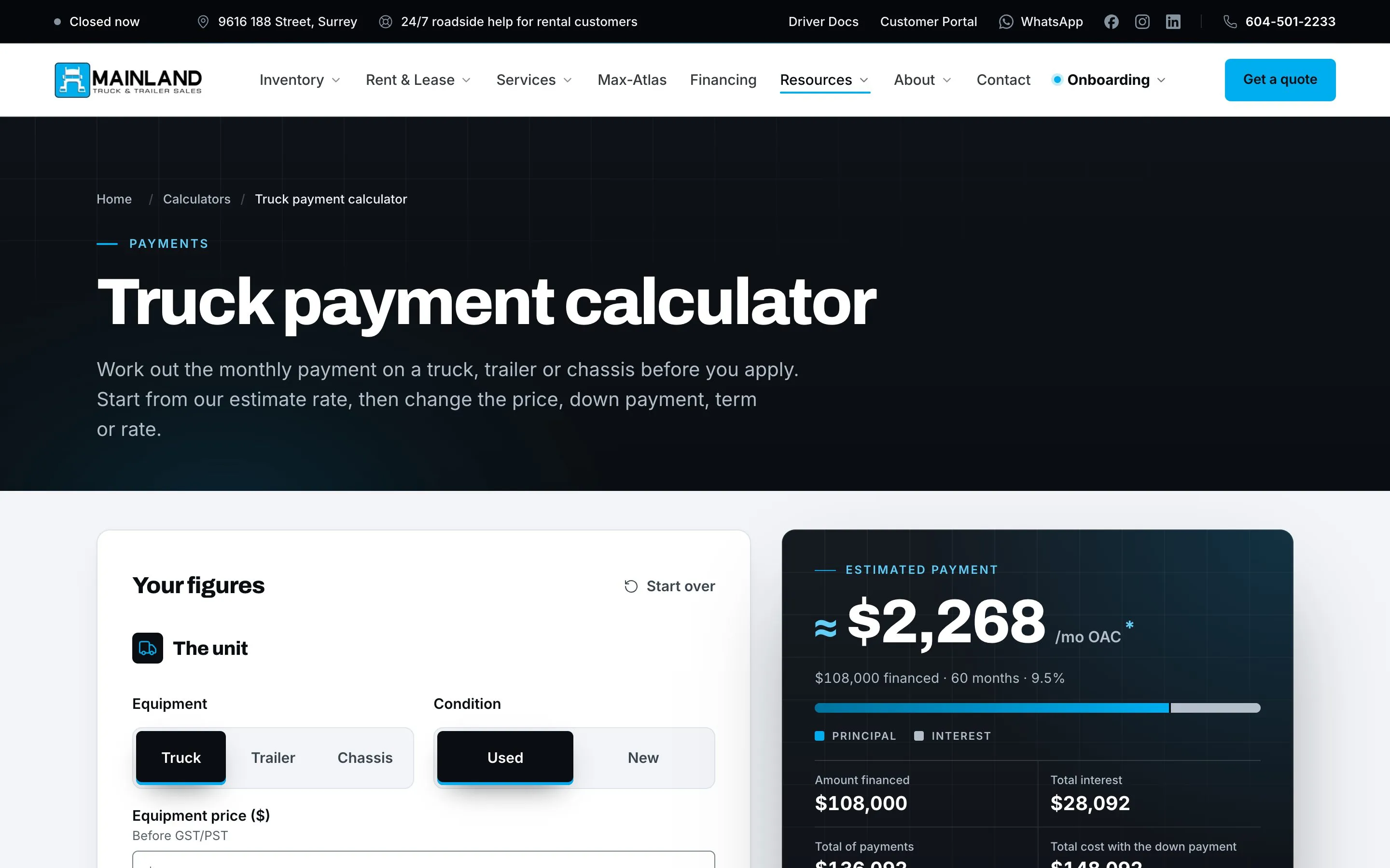 Mainland Truck & Trailer Sales & Leasing — Truck payment calculator with a live amortisation readout