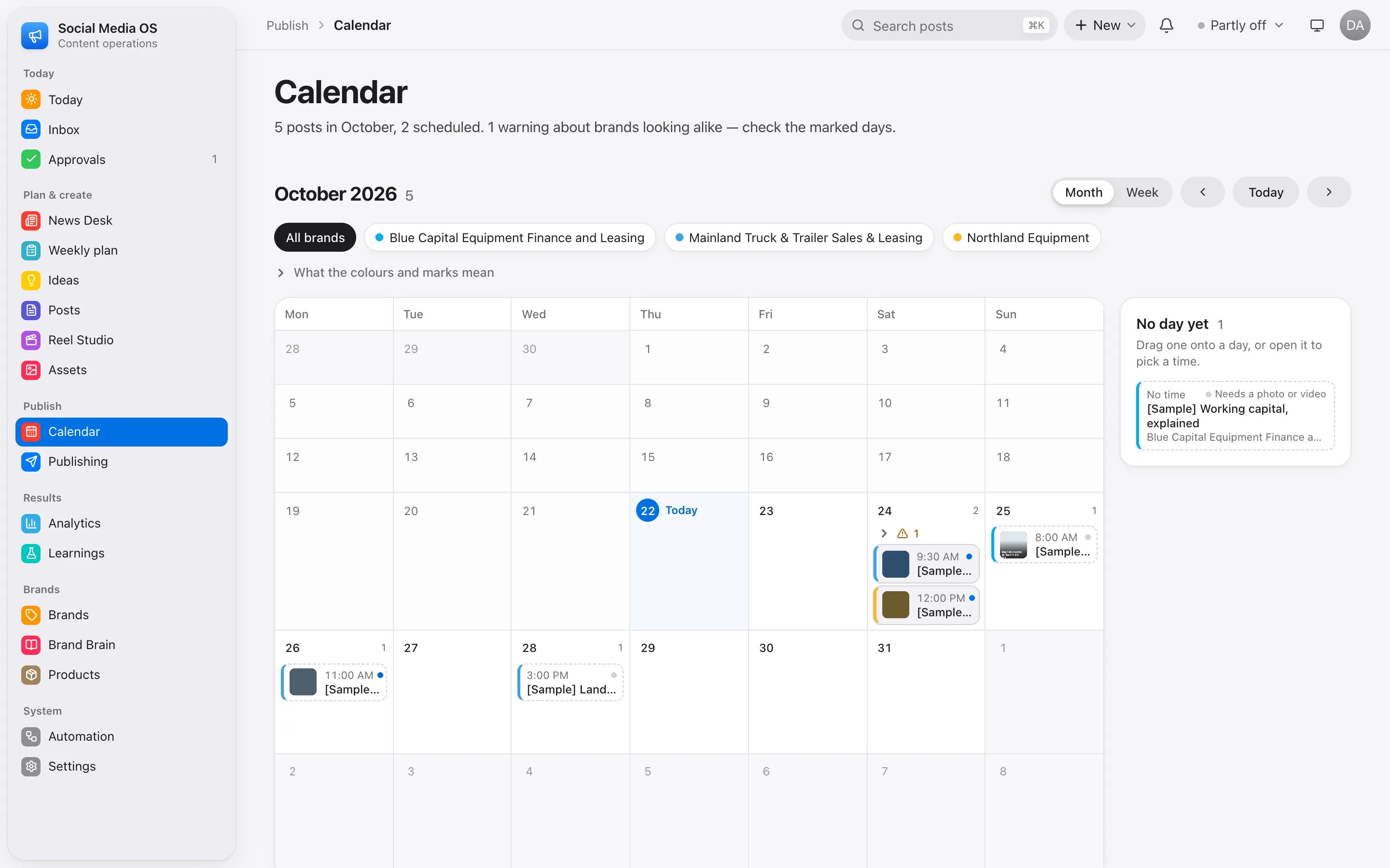 Calendar colour-coded by brand, warning when two brands look alike