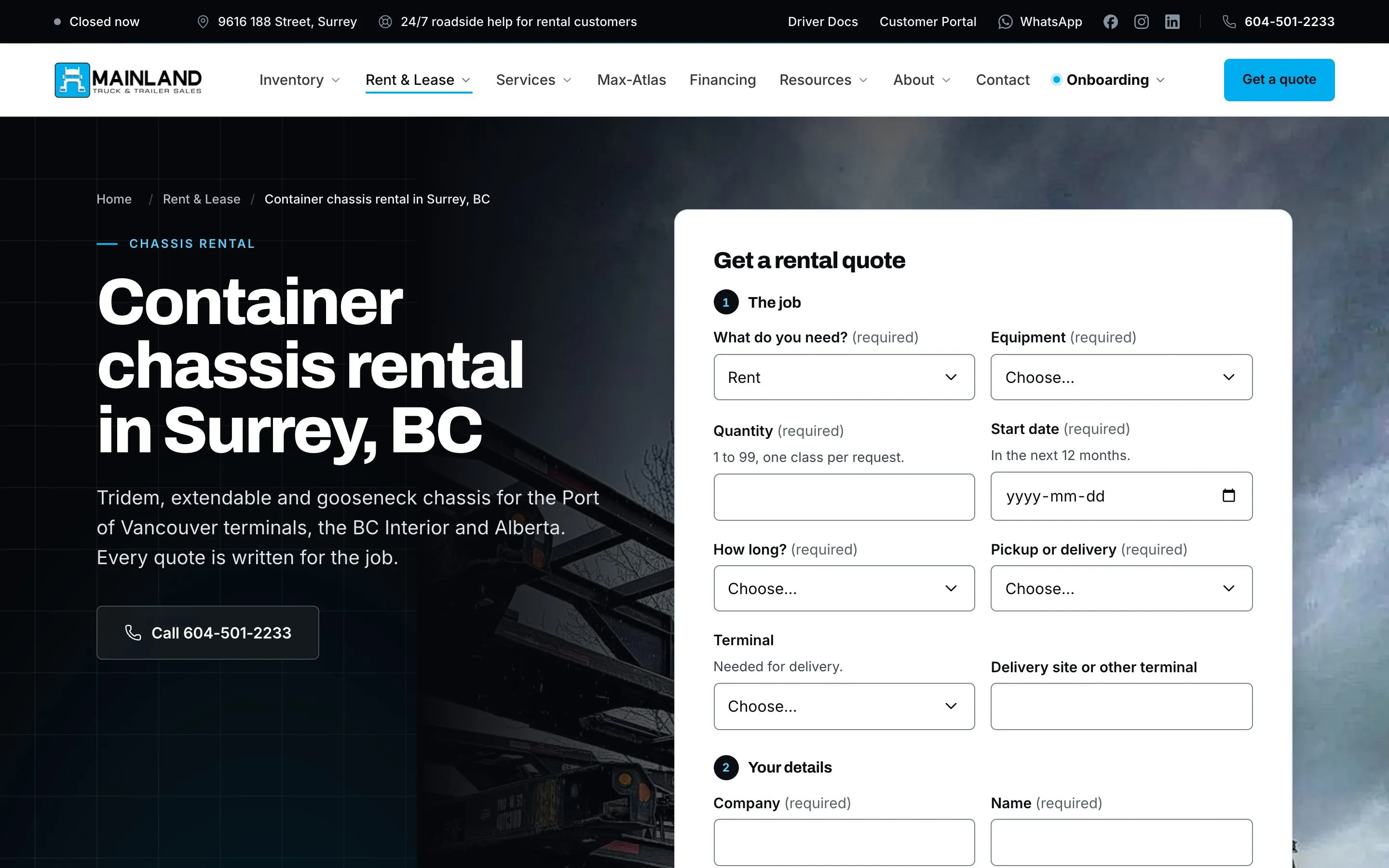 Mainland Truck & Trailer Sales & Leasing — Container chassis rental with an inline quote form