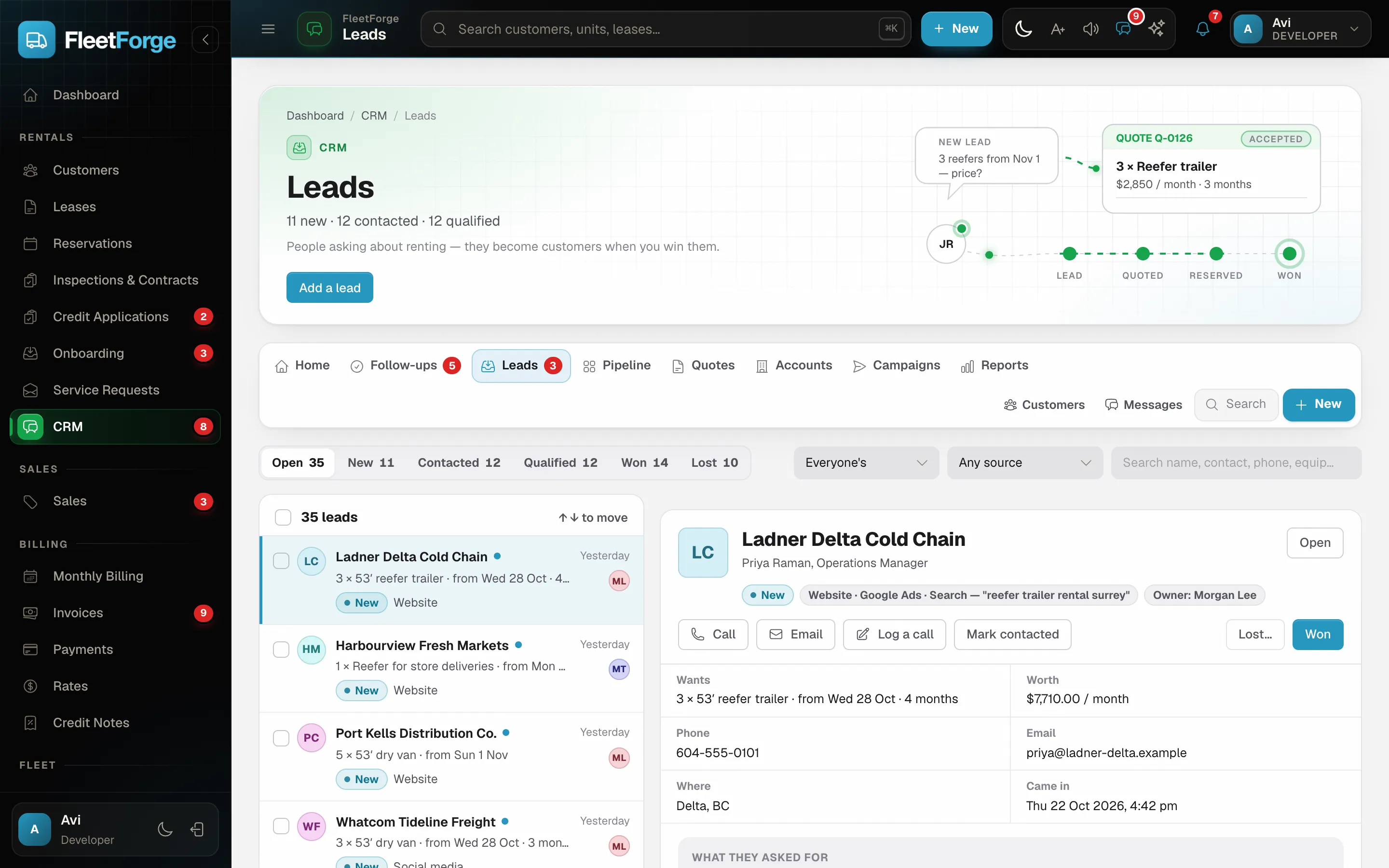 Leads list — the selected lead shows the Google Ads search that found it