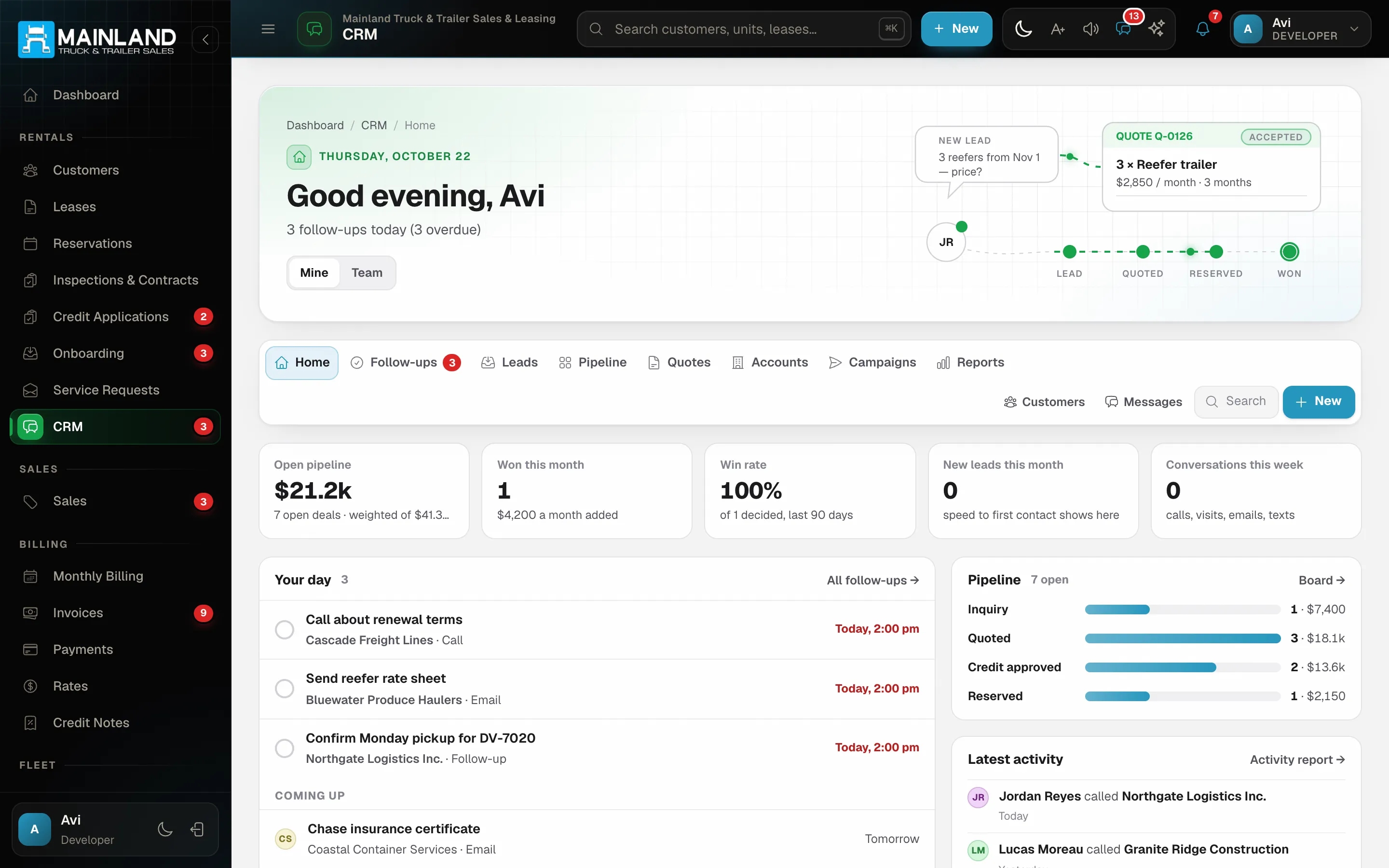 CRM — accounts, leads, deals, quotes and follow-ups