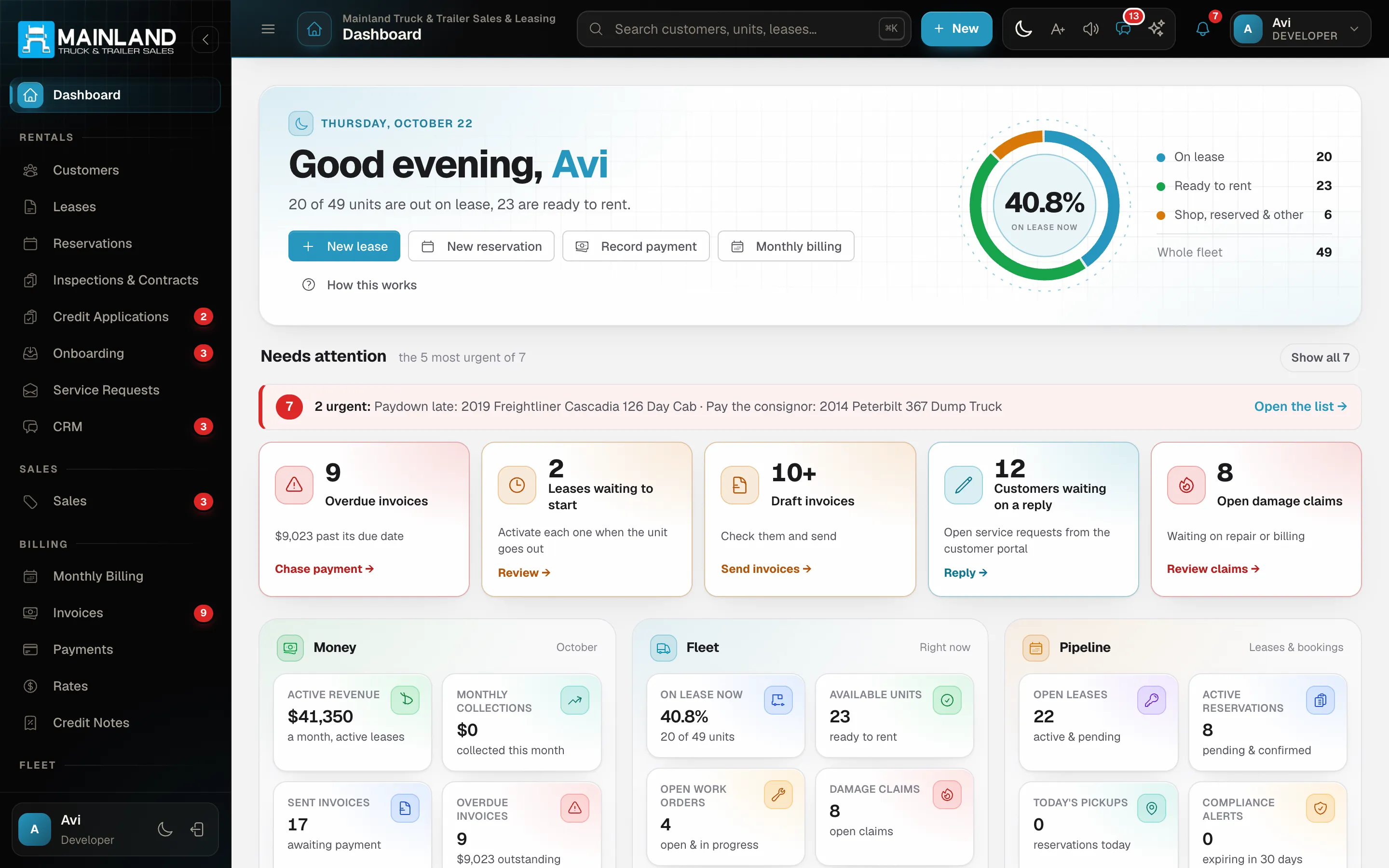 FleetForge dashboard — fleet KPIs, a 12-month revenue trend and fleet status