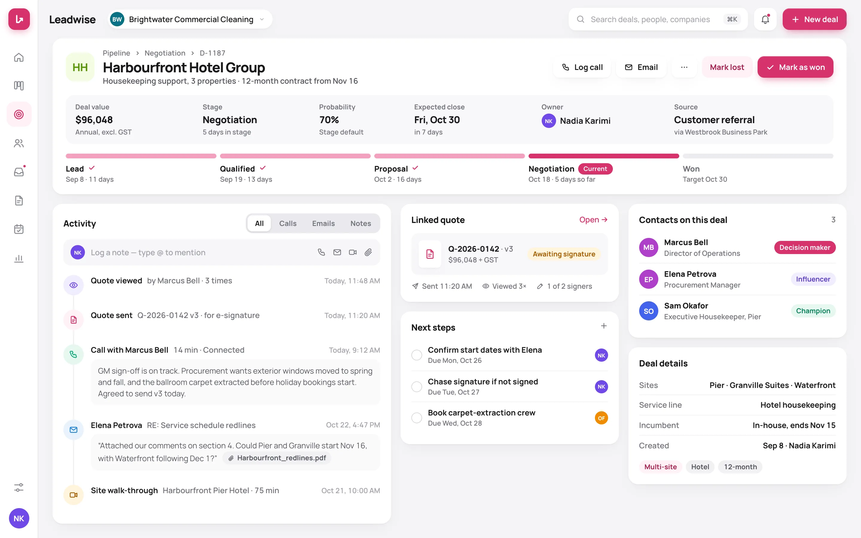 A deal — stage progress, activity timeline, linked quote, next steps and contacts