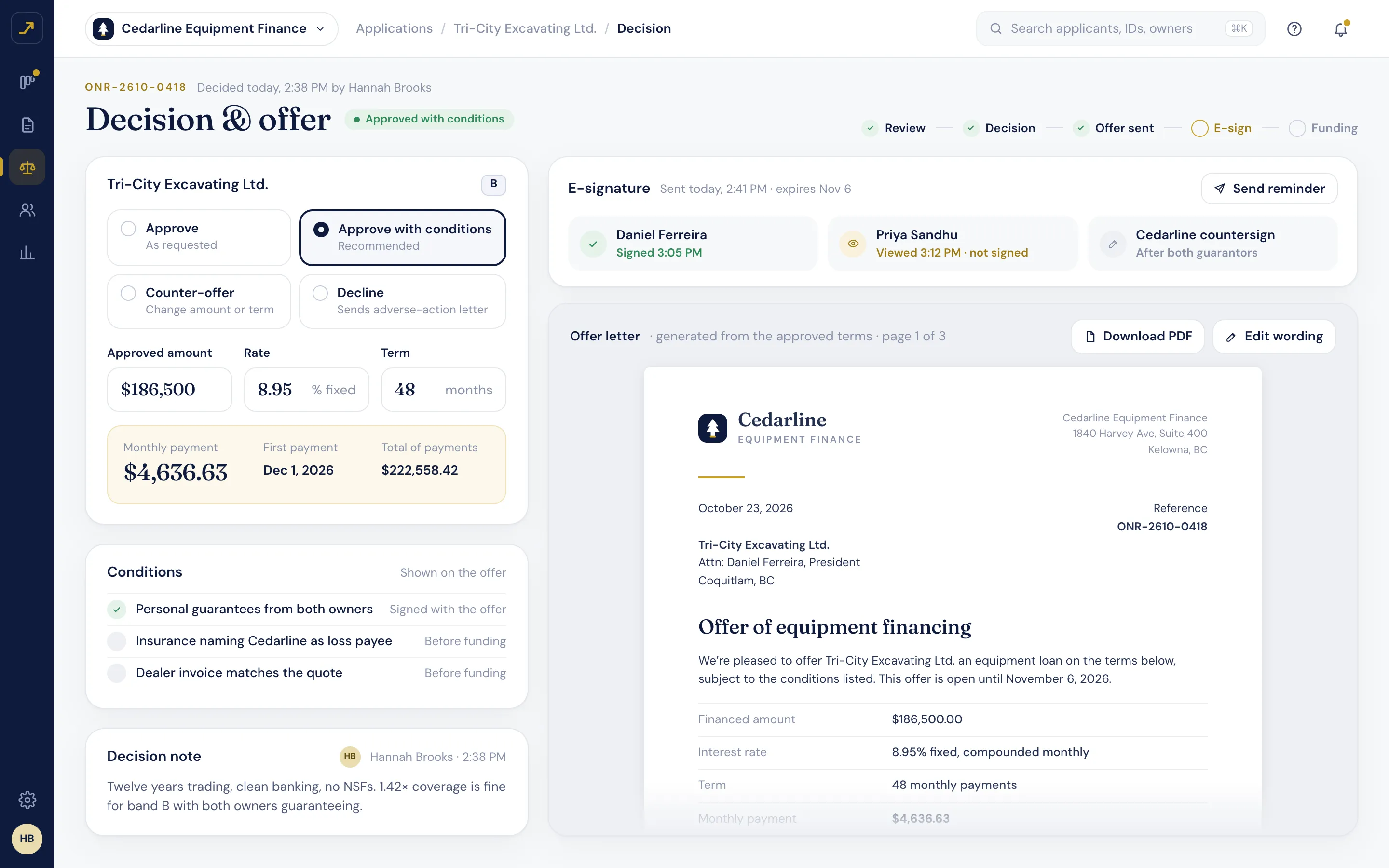 Decision & offer — approved terms, conditions, the generated letter and e-signature status