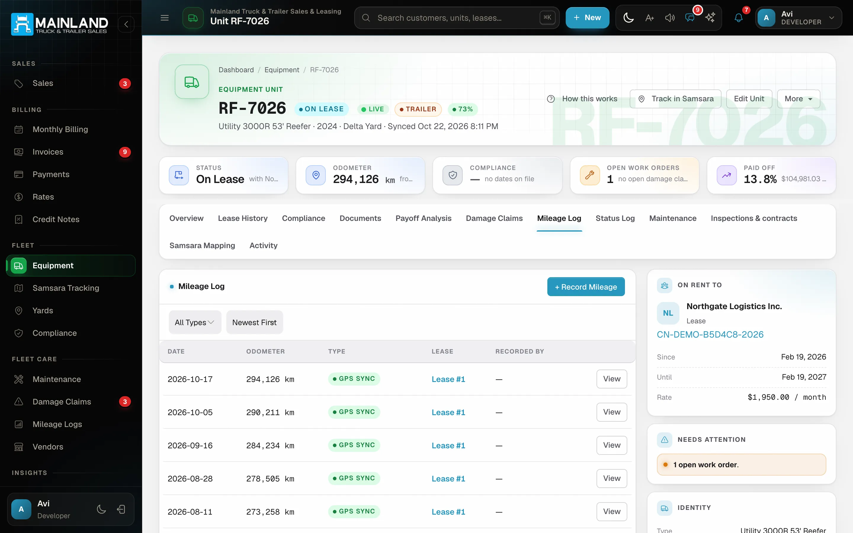 Unit profile — mileage tab