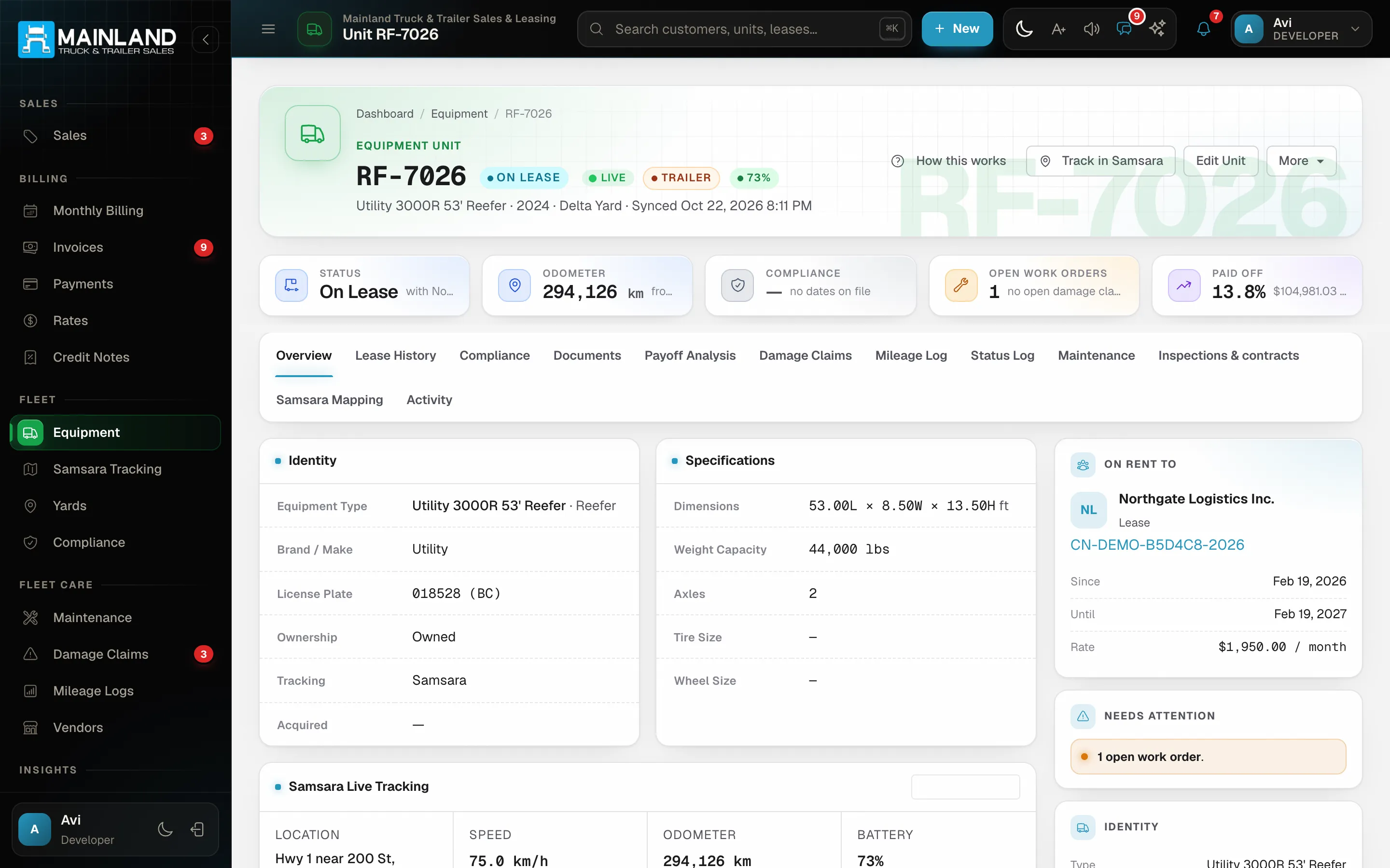 Unit profile — lease history, maintenance, health score and payoff