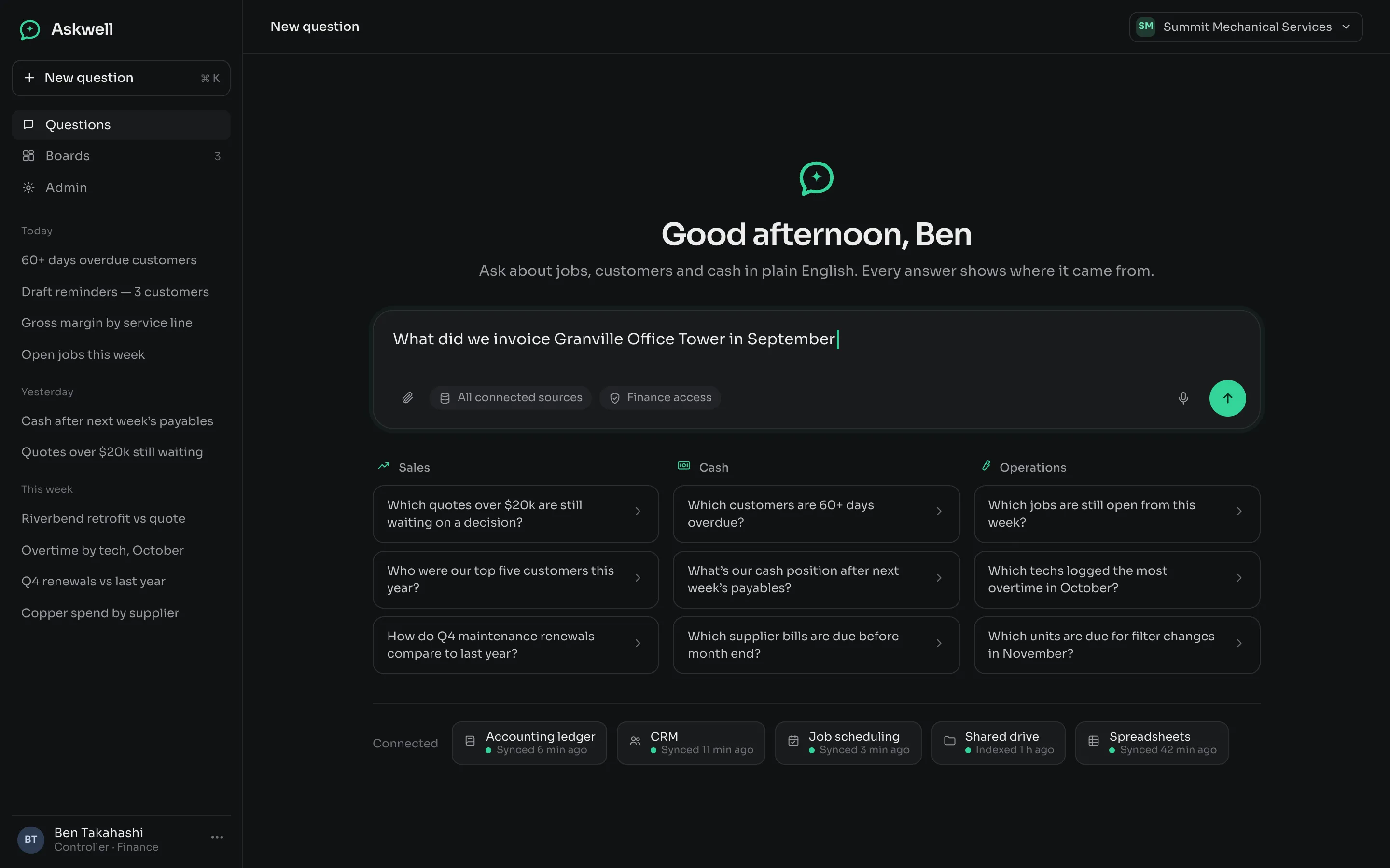 Home — the ask box, suggested questions by area, and the connected sources