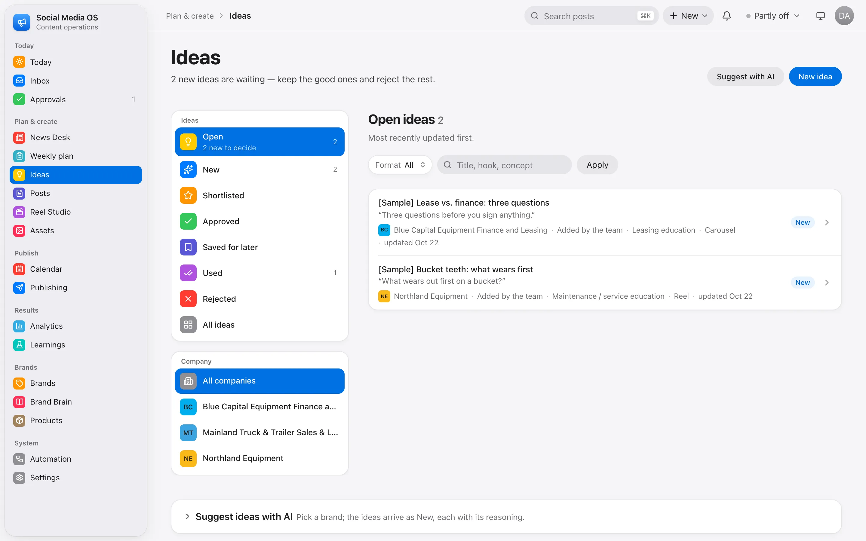 Ideas board — hook, brand, content theme and format