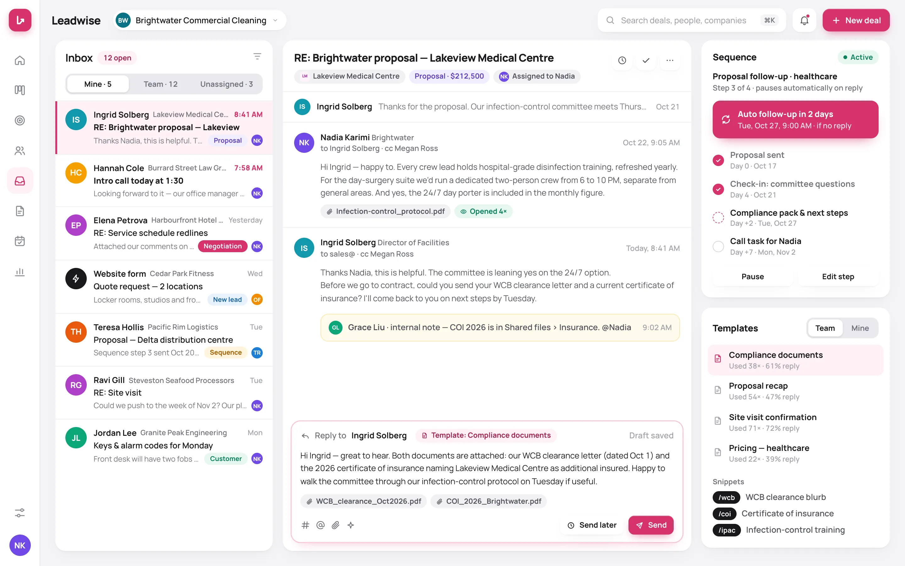 Shared inbox — a thread with a lead, a template reply and an automatic follow-up sequence