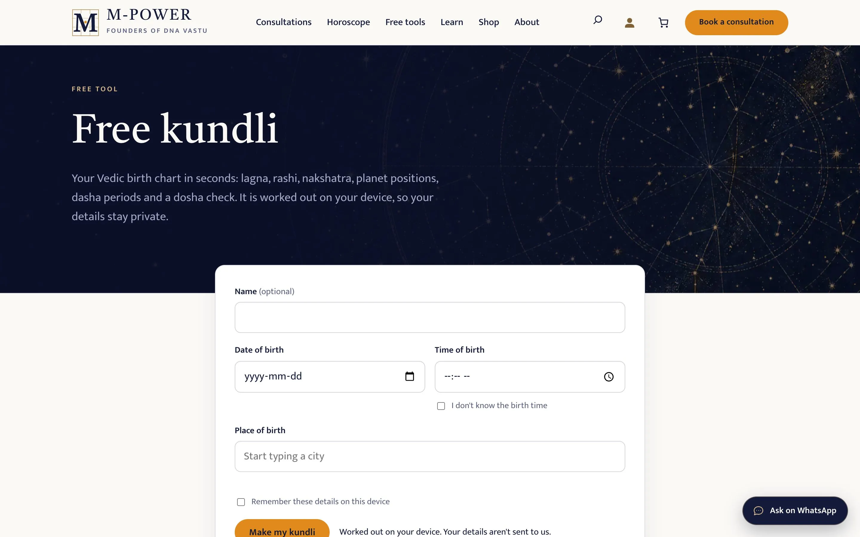 M-Power · DNA Vastu — Free kundli (birth chart) tool