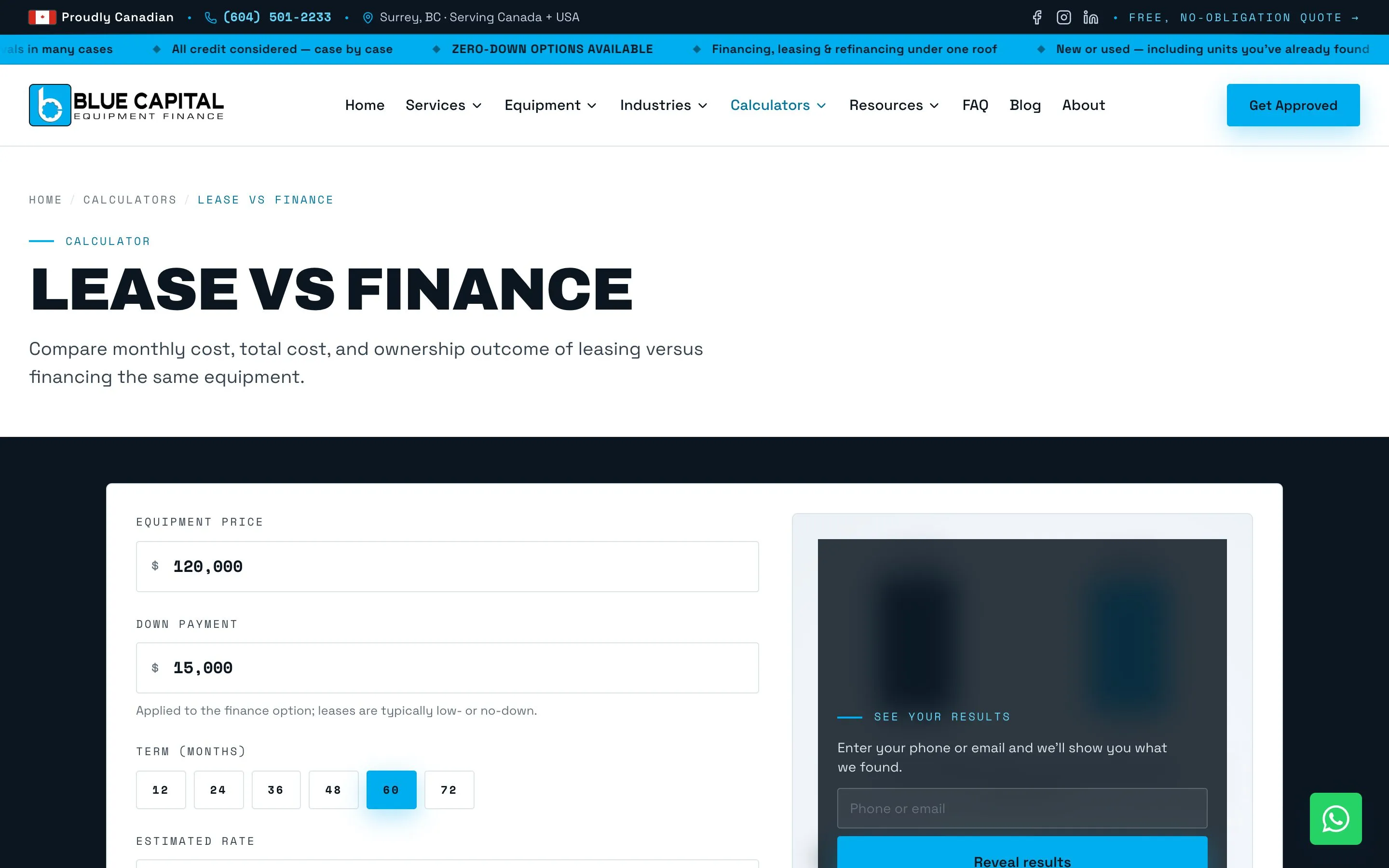 Blue Capital Equipment Finance — Lease vs finance calculator