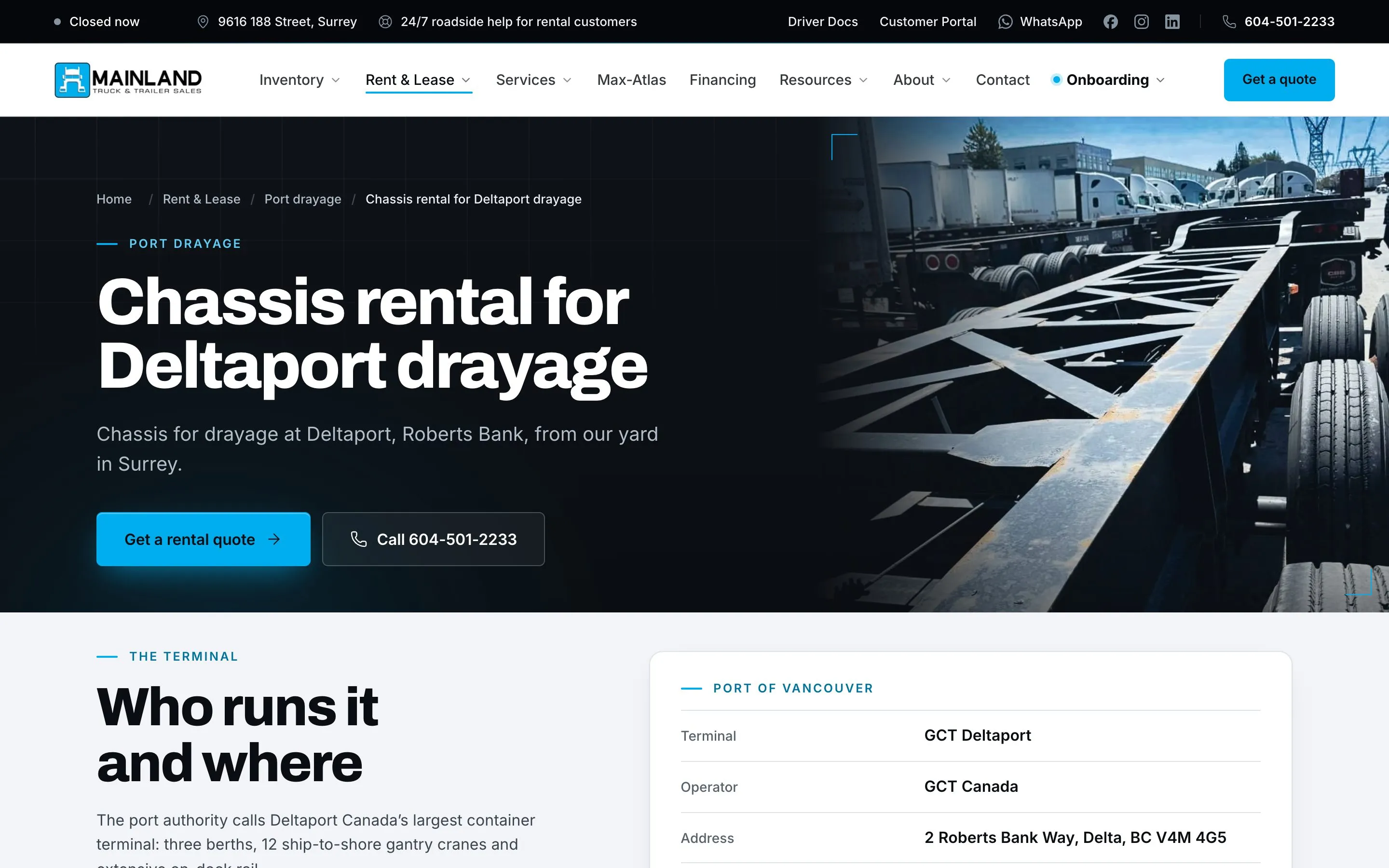 Mainland Truck & Trailer Sales & Leasing — Port drayage landing page for Deltaport