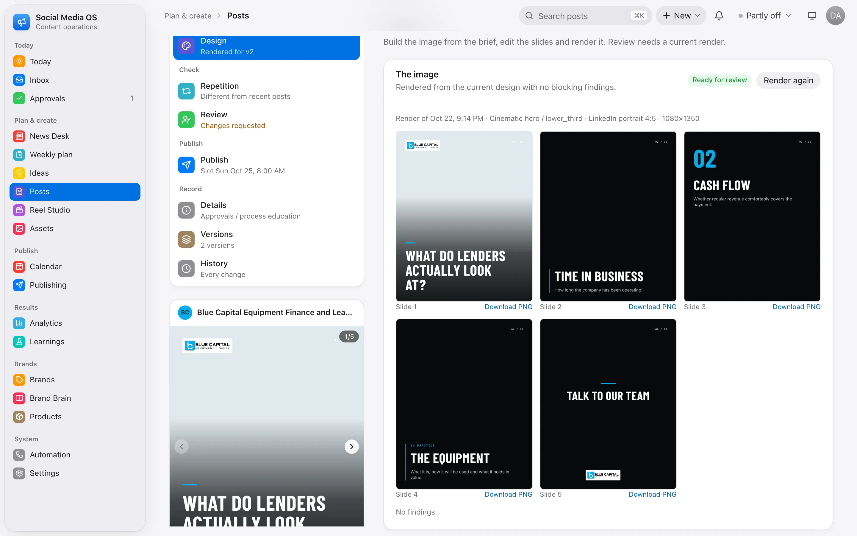 Design tab — a LinkedIn carousel rendered as on-brand 1080×1350 slides