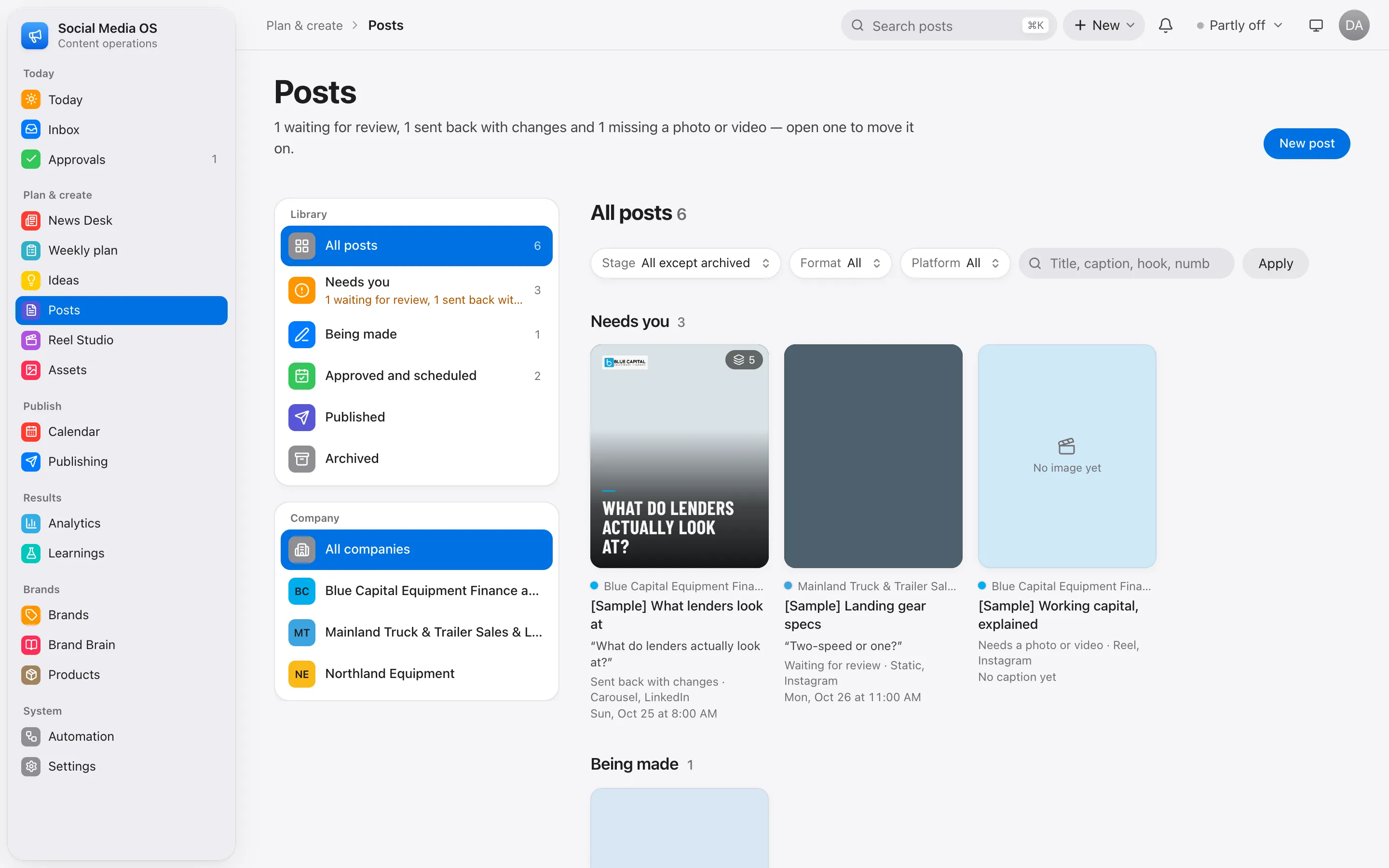 Posts library with stage and company filters
