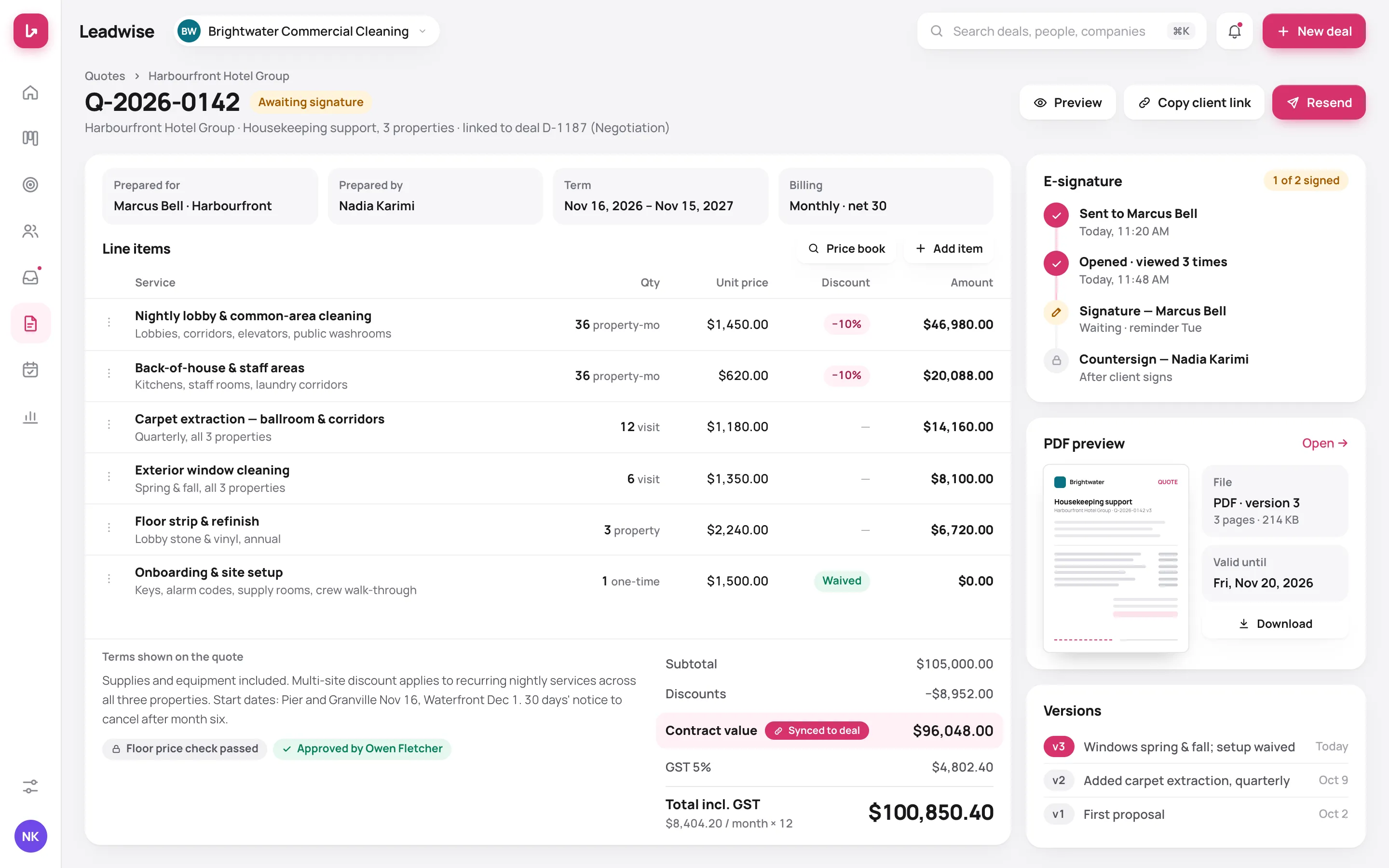 Quote builder — line items, discounts, GST, e-signature status and the PDF