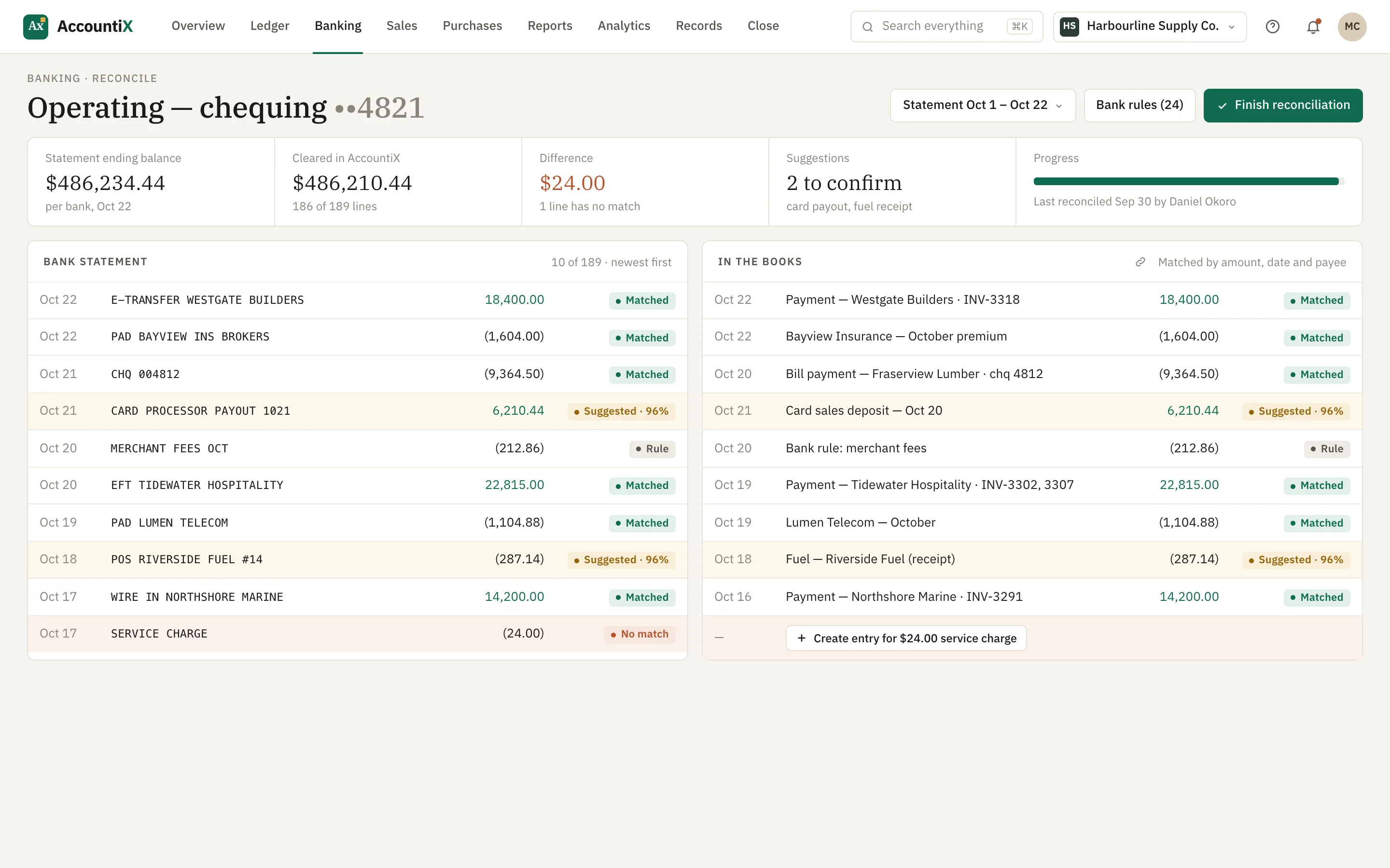 Bank reconciliation — matched, suggested and unmatched lines side by side