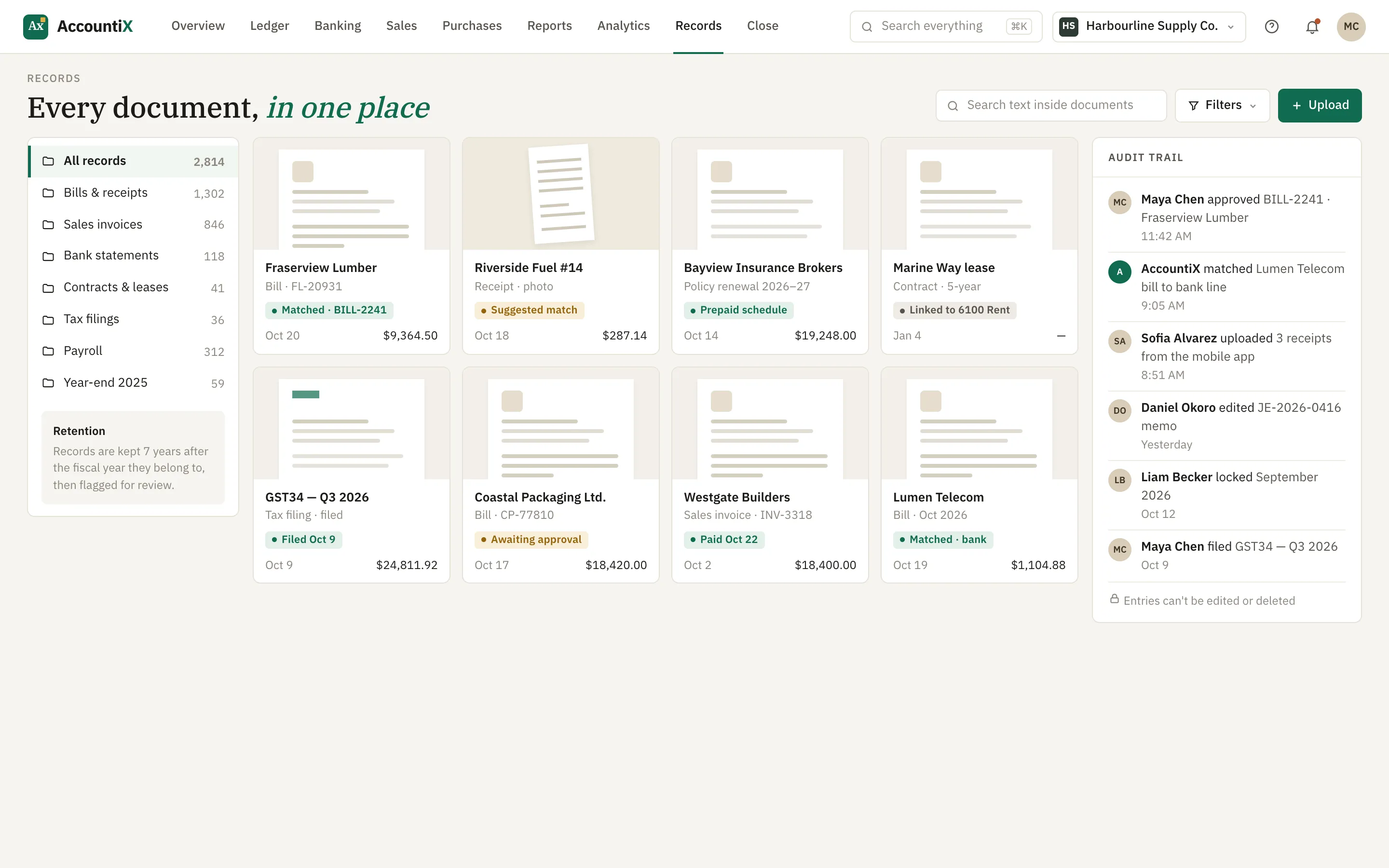 Records — documents linked to their entries, with an audit trail