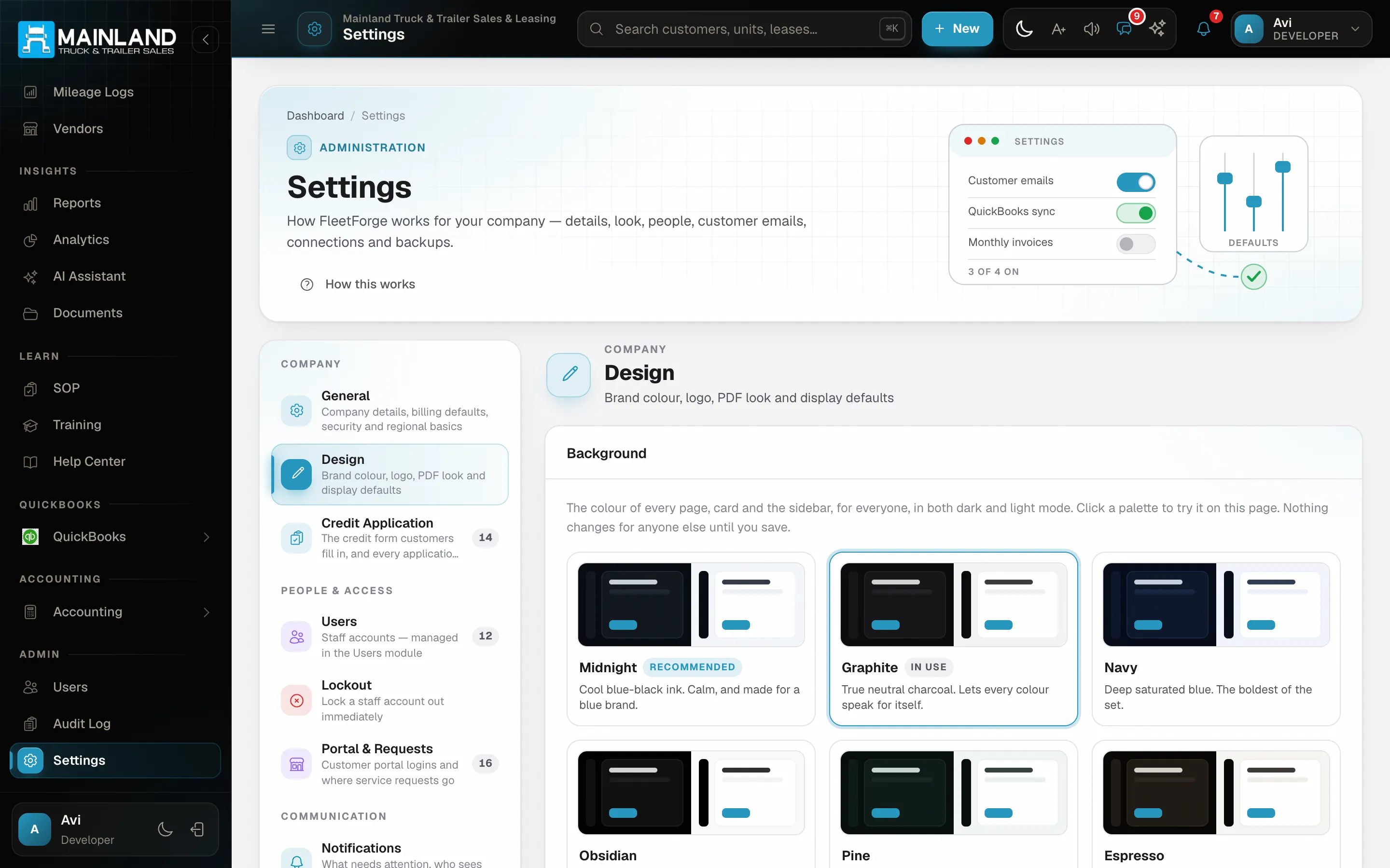 White-label settings — name, logo, colours, letterhead and login video