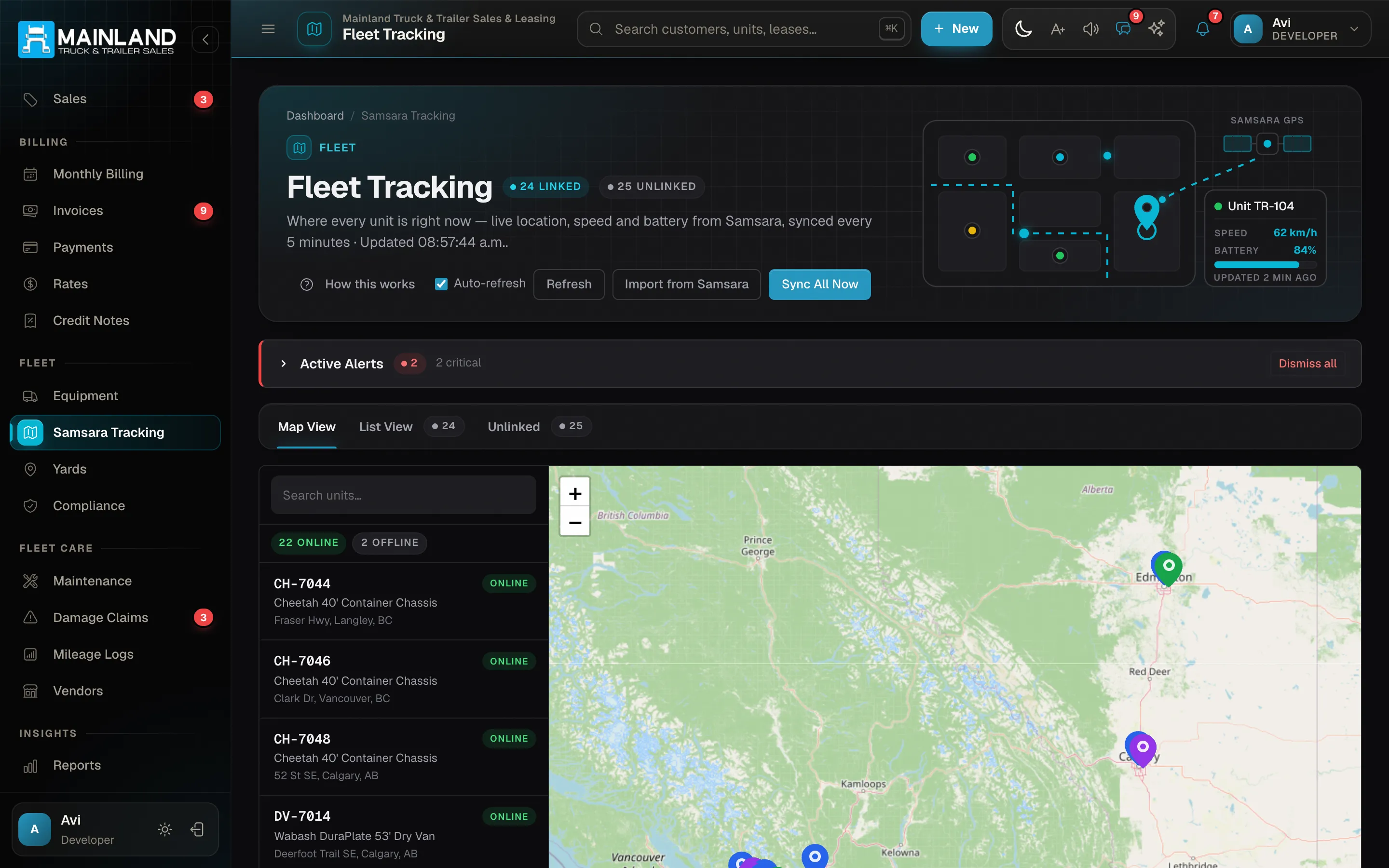 Samsara GPS tracking on a live map — dark mode