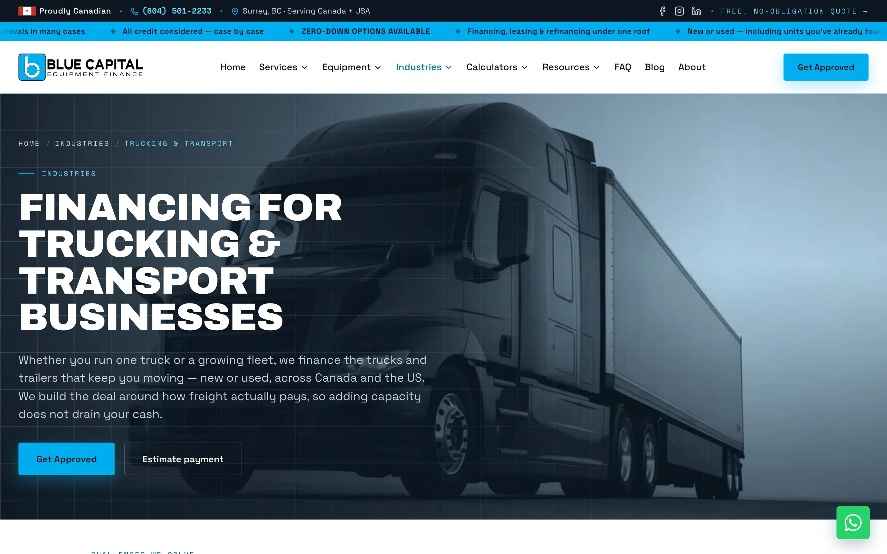 Blue Capital Equipment Finance — Trucking industry page