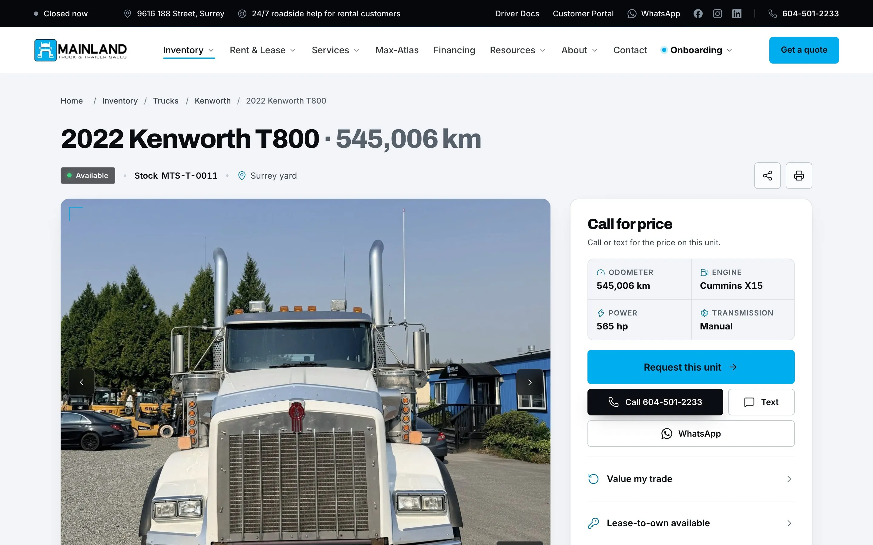 Mainland Truck & Trailer Sales & Leasing — Unit page with gallery, specs and call-for-price actions