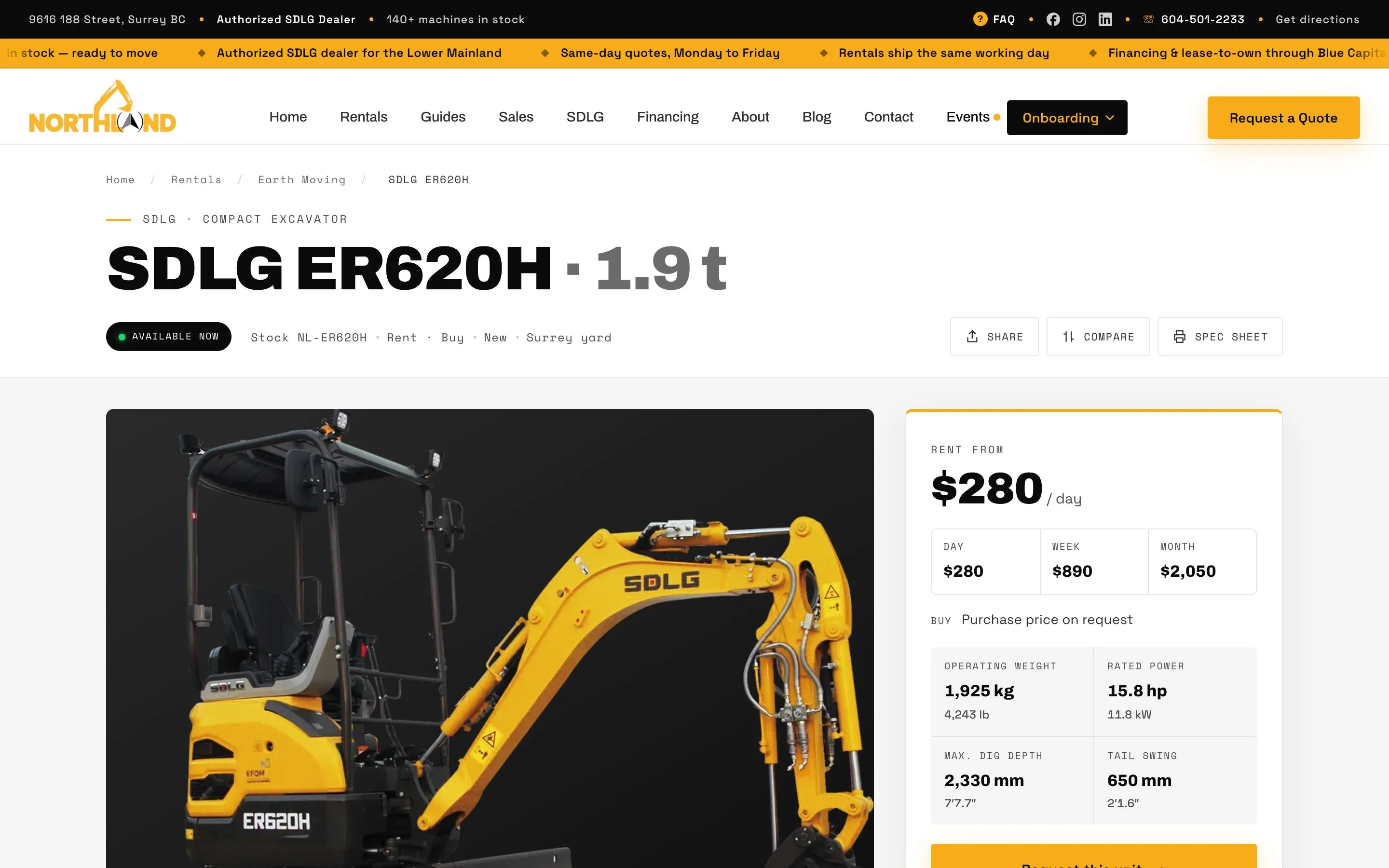 Northland Equipment — Unit page with day, week and month rates